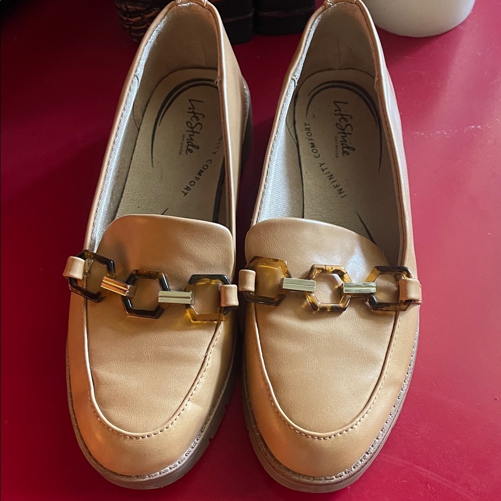 Life Stride Beige Loafers with Gold Chain Detail